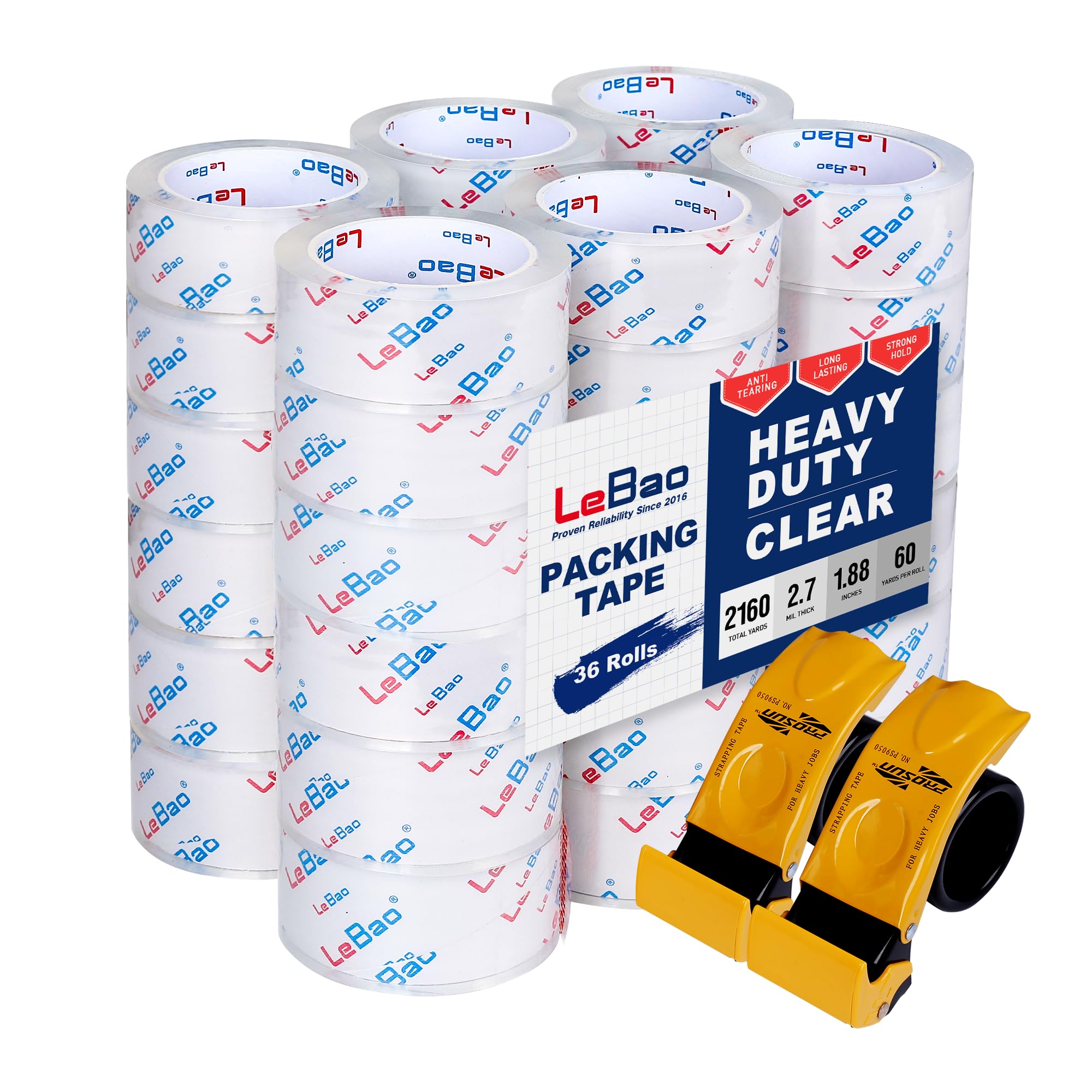 heavy duty packing tape with dispenser, 36 rolls x 1.88 in. x 60 yds. x 2.7 mil, strong hold hd clea