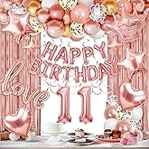 Miidenks 11th Birthday Decorations for Girls, Rose Gold Happy 11 Birthday Balloons Supplies Includes Banner, Fringe Curtains, Foil Balloons, Hanging Swirls