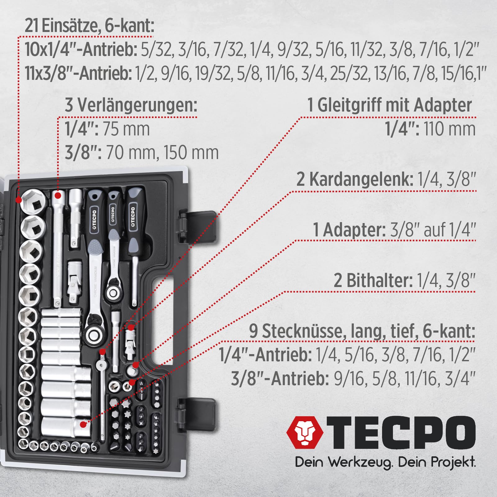 TECPO Zoll Steckschlüssel Satz 92-teilig Werkzeugkoffer mit Ringschlüssel und Maulschlüssel, Ratsche mit Nuss-Set Verlängerung Adapter, Innensechskant-Schlüssel, Ratschenkasten, Zöllig, Knarrenkasten 7