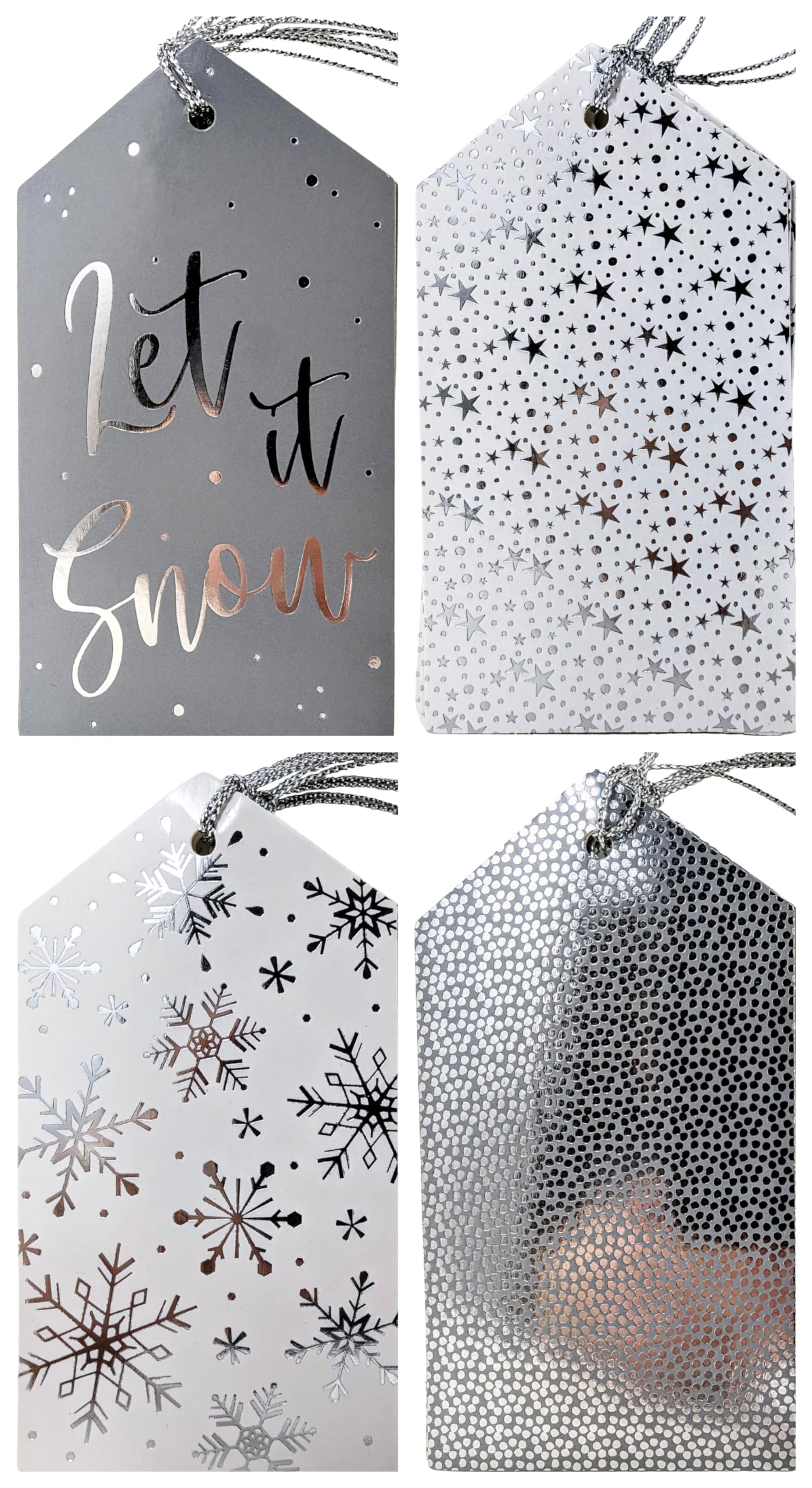 20 Luxury Silver Christmas Tags with Foil Design – 11.5 x 6.2cm – Snowflake & Star Patterns – Pre-Attached Silver Strings – Premium Holiday Present Tags for Xmas Wrapping & Gift Bags