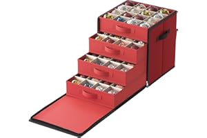 SONGMICS Christmas Ornament Storage Box, with Side Open, Stackable Christmas Storage Container with Lid, 4 Drawer Trays, 600D Oxford, 3-Inch 64 Slots, Cherry Red URFB037R01