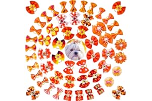 Mruq pet 100pcs Fall Pet Small Dog Hair Bows with Rubber Bands, Bulk Thanksgiving Orange Puppy Dog Grooming Bows, Handmade Pearl and Rhinestones Yorkie Dog Bows for Festival Dog Hair Accessories