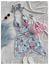 BEAUDRM Women's Floral Print Sleeveless Halter Deep