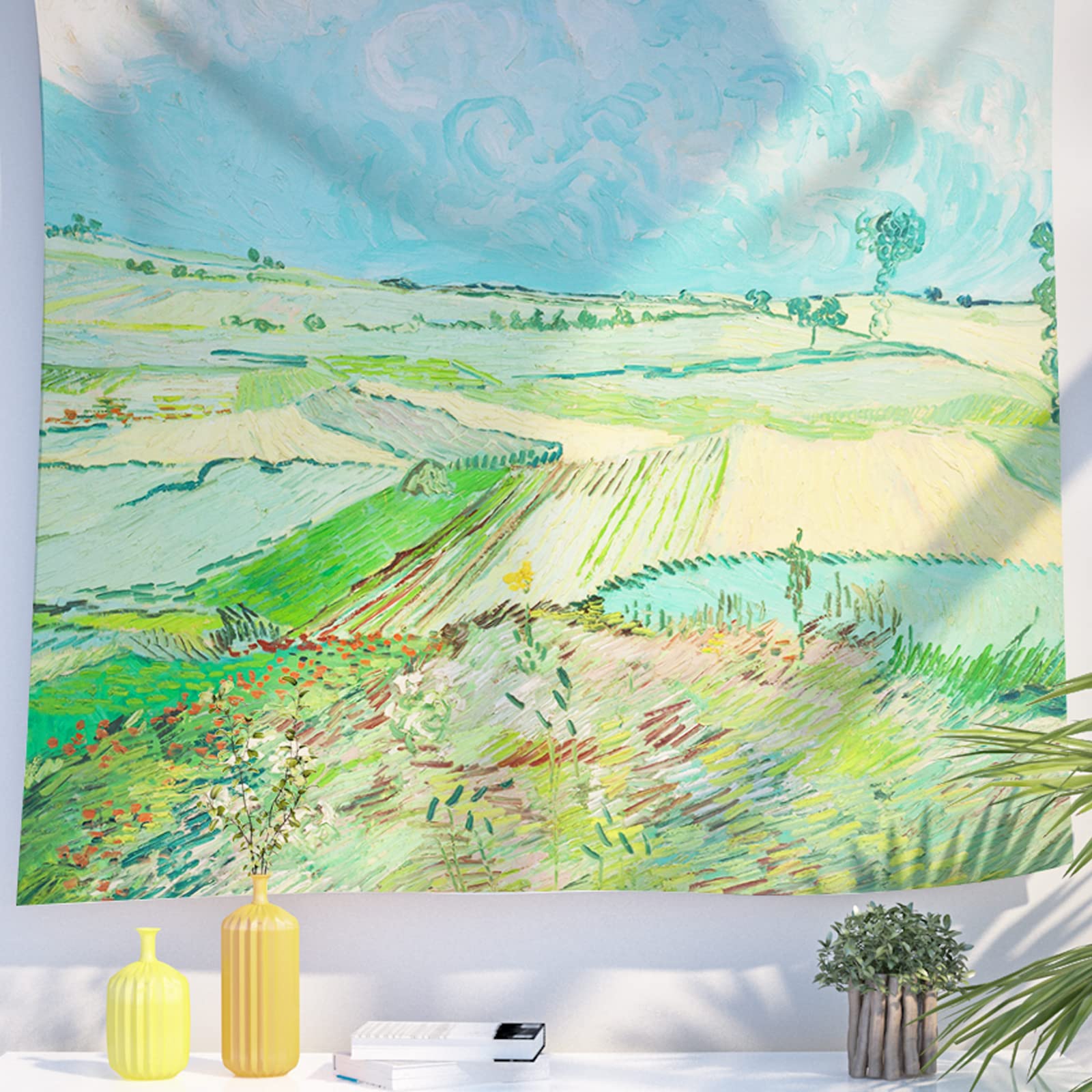 Berkin Arts Art Decor Tapestry with Landscape Design Wall Hanging Aesthetic Backdrop Green Beautiful Sky for Living Room 59.1 x 78.7 Inch (Wheat Fields after the Rain by Vincent Van Gogh)
