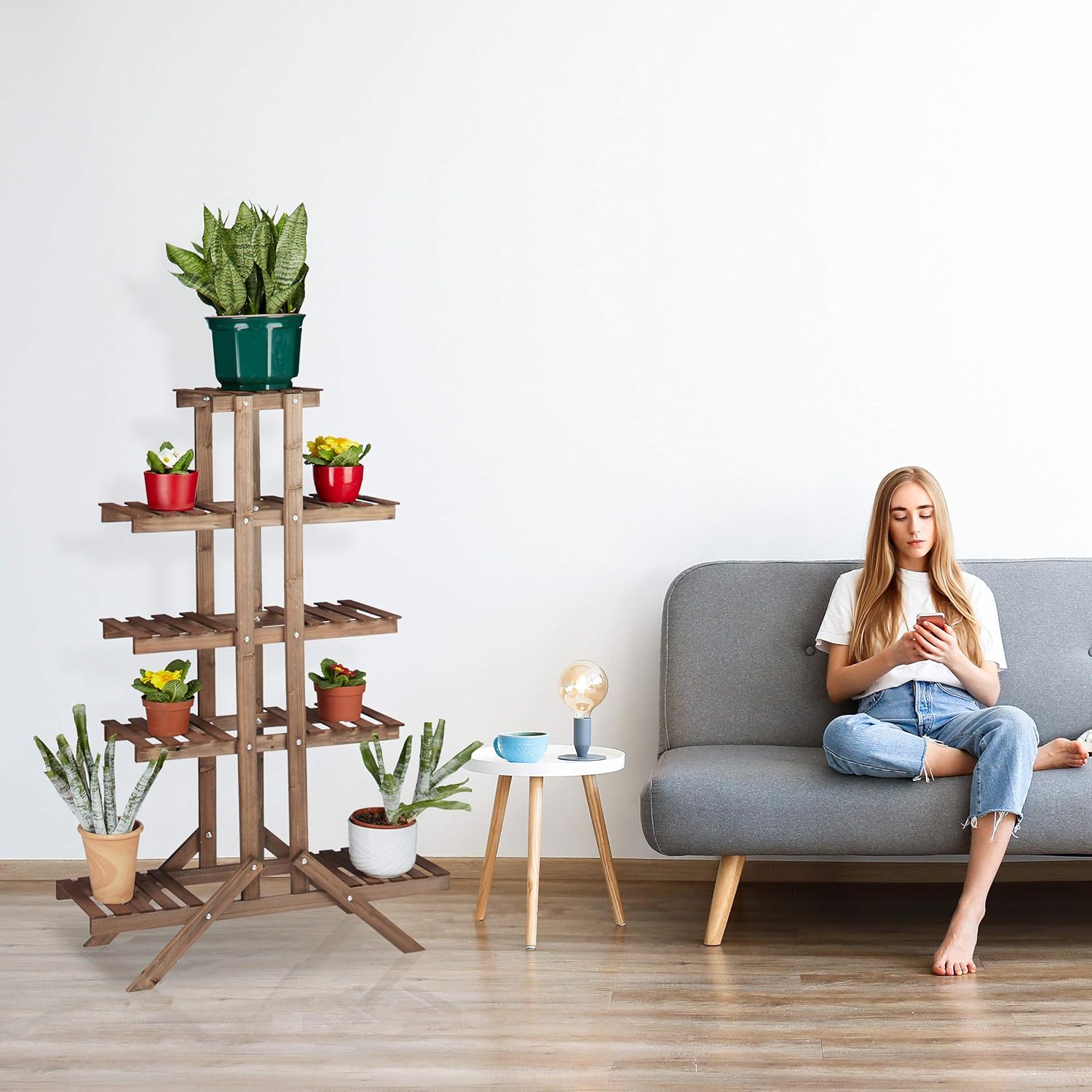Relaxdays Flower Stand with 5 Tiers, Wooden, Indoor Flower Rack, Multi-Shelf, HxWxD: ca 142.5 x 83 x 28.5 cm, Light Brown - Image 4