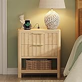 Huuger 27.6 Inch Tall Night Stand with Charger Station, USB-C Port, Fluted Nightstand with 2 Deep Drawers, Larger Wider Bed Side Table with Open Shelf, Bedroom Living Room End Table, Natural