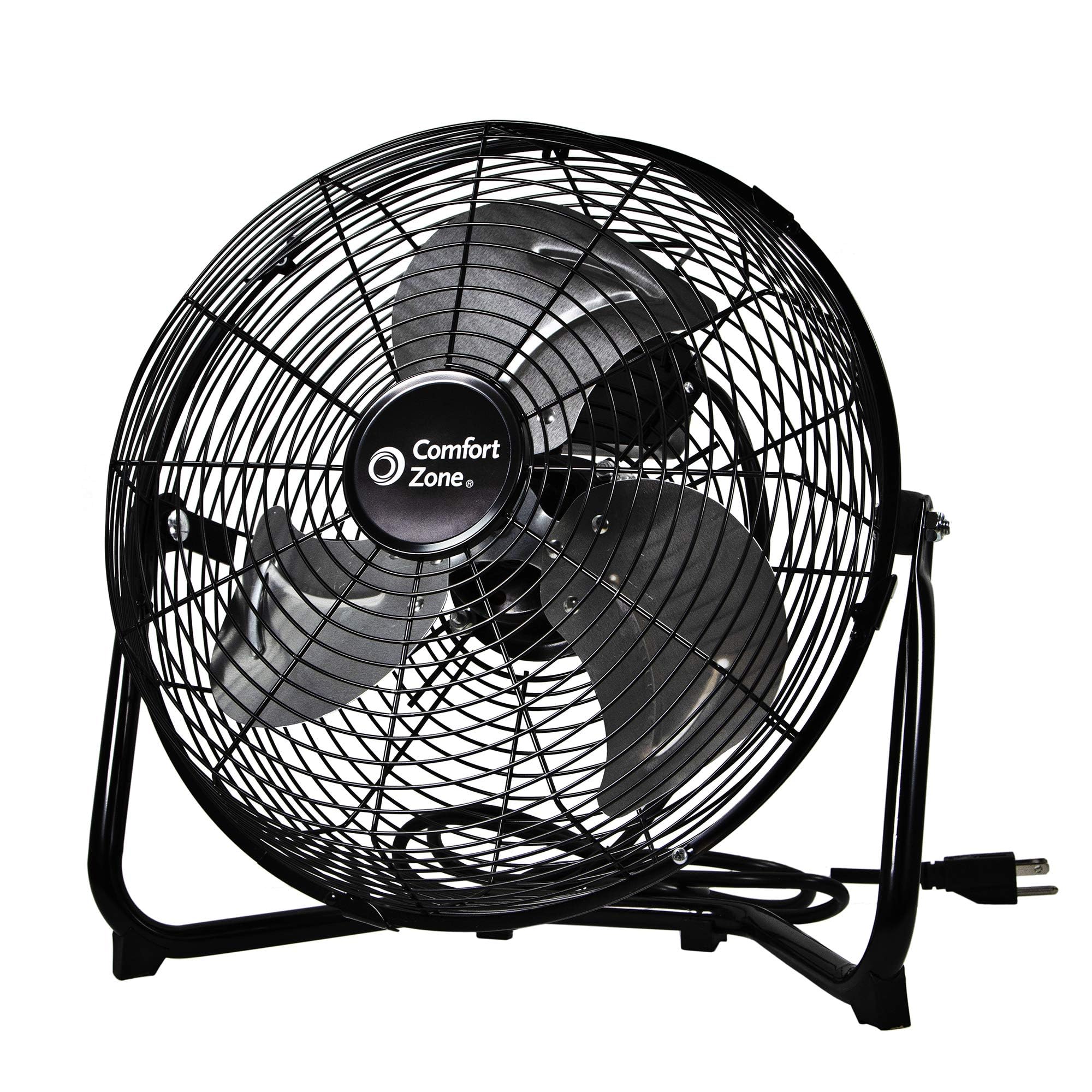 Comfort Zone 12 inch Cradle Fan, 3 Speed Floor or Table Fan with180 Degree Tilt, Metal Construction and Aluminum Blades, Carry Handle, Rubber Feet, Ideal for Bedroom, Workshop, or Garage, Black