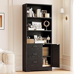 IRONCK Bookshelf with Door and 3 Drawers, 71in Tall