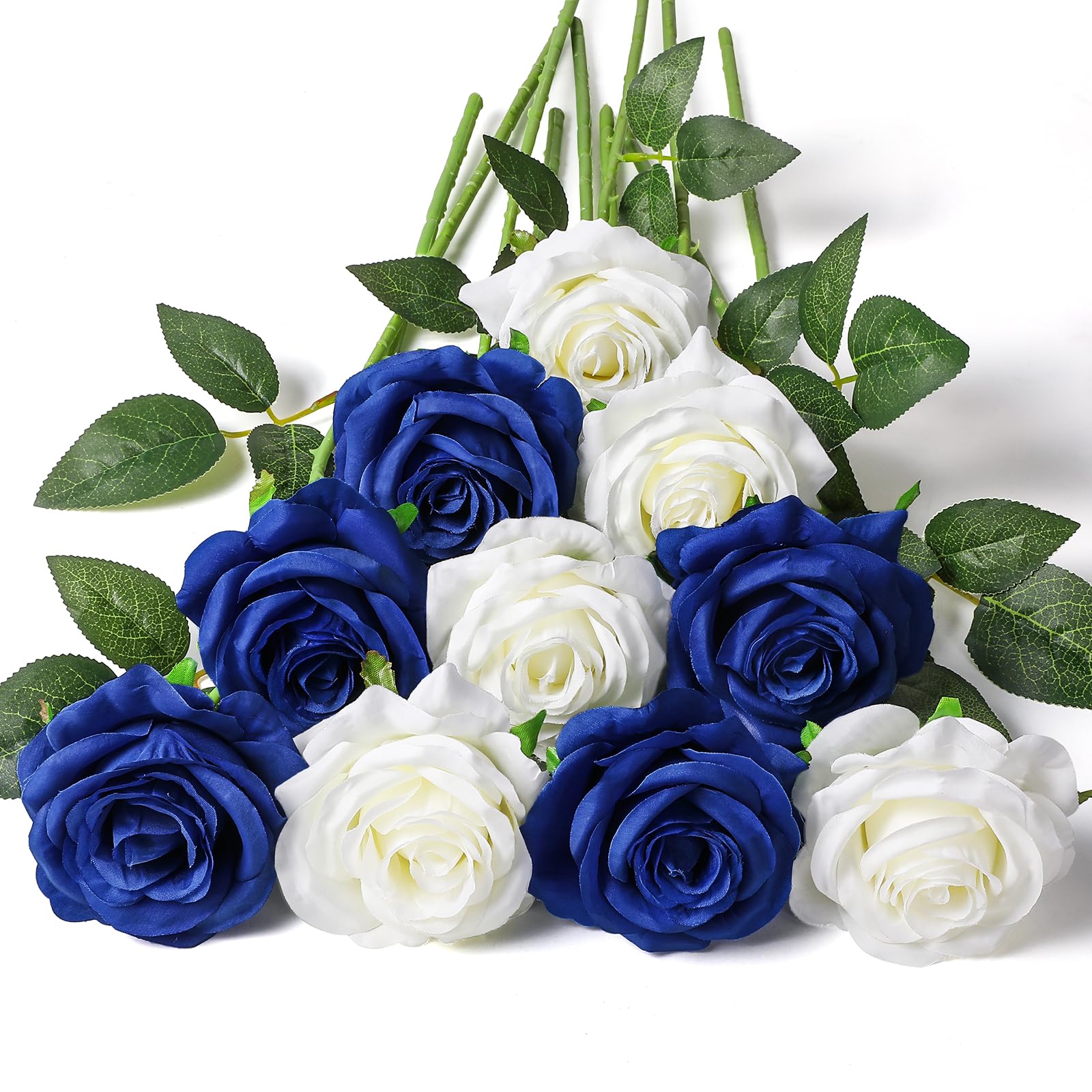 Floralsecret 12 Pcs Artificial Silk Rose Flower Bouquet Faux Flowers（White&Blue）