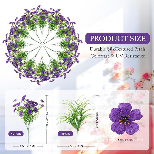INQCMY ARTIFICIAL FLOWERS FOR OUTDOORS UV RESISTANT, 14 BUNDLES FAKE PLANTS REALISTIC SILK FLOWERS WITH FAUX FERNS FOR OUTSIDE PLANTERS HOME PORCH PATIO GARDEN BACK YARD SPRING SUMMER DECORATION