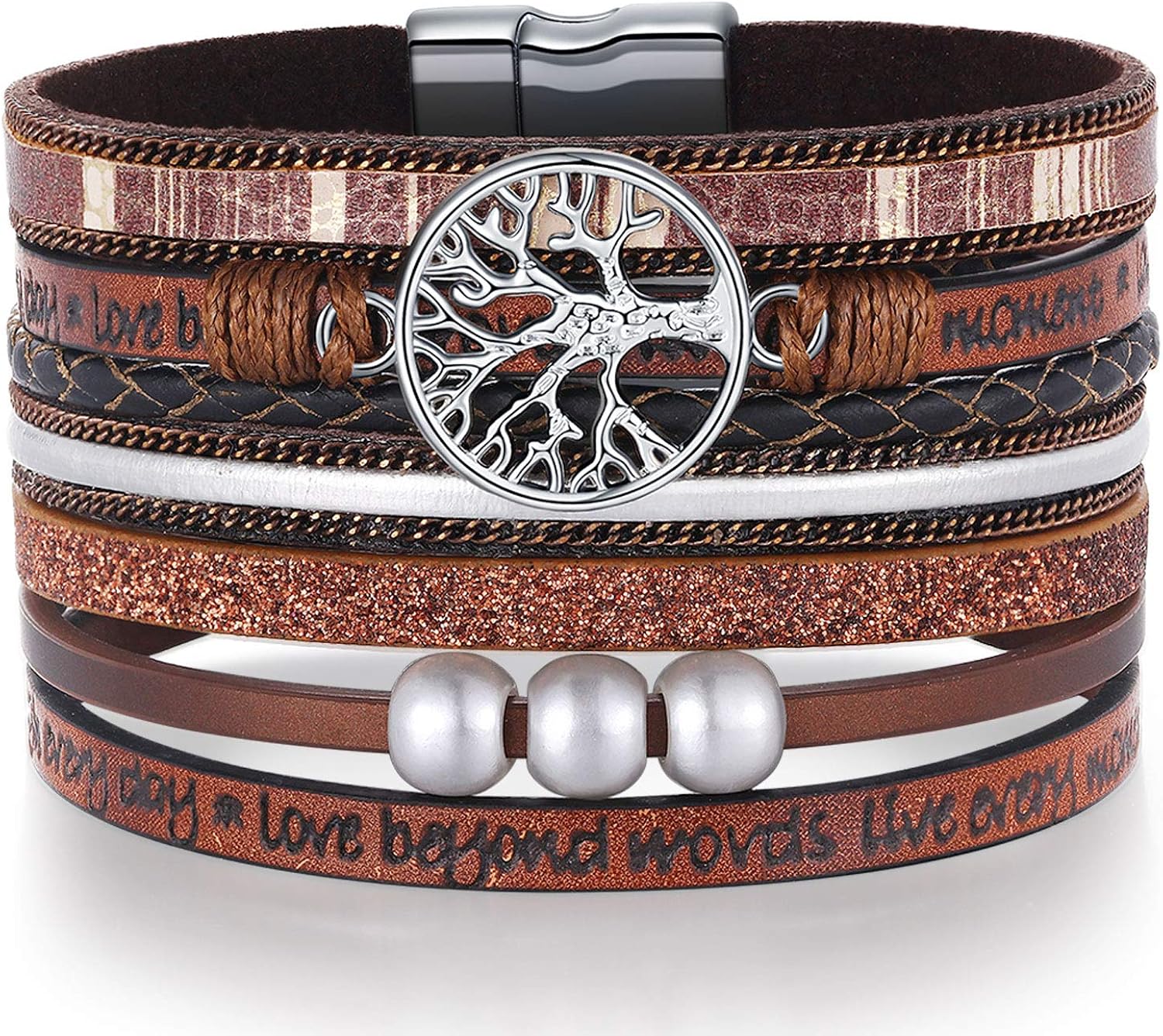 Inspirational Bracelets for Women Wrap Around Boho Buckle Stacking Multilayer Leather Wide Magnetic Layered Bracelet Tree of Life Christmas Gifts Jewelry for Women Mom Teen Girls Grandma: Clothing