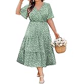 IN'VOLAND Plus Size Dresses for Curvy Women Summer Green Floral Short Sleeves Boho Maxi Dress Casual Chiffon Long Dresses with Pockets