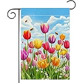 Spring Tulip Floral Garden Flag 12x18 Inch Double Sided Summer Bee Colorful Flower Yard Outdoor Flag House Holiday Outside Decoration