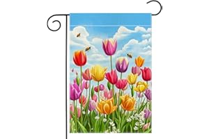 WANPLUML Spring Tulip Floral Garden Flag 12x18 Inch Double Sided Bee Colorful Flower Yard Outdoor Flag House Holiday Outside Decoration Burlap