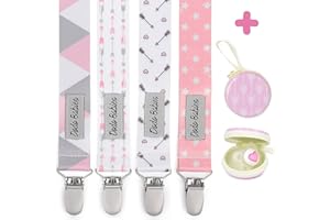 Dodo Babies Pacifier Clip with Case Set - 5-Piece Set, Pink & Gray Prints - Universal Binkie Clip & Holder Fits Most Pacifiers & Teethers - Secure Fastener for Bibs & Baby Car Seat
