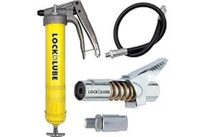 LockNLube Premium Pistol-Grip Grease Gun. Includes our patented LockNLube® Grease Coupler (locks on, stays on, won't leak!) plus a high-quality 20" hose and in-line hose swivel.