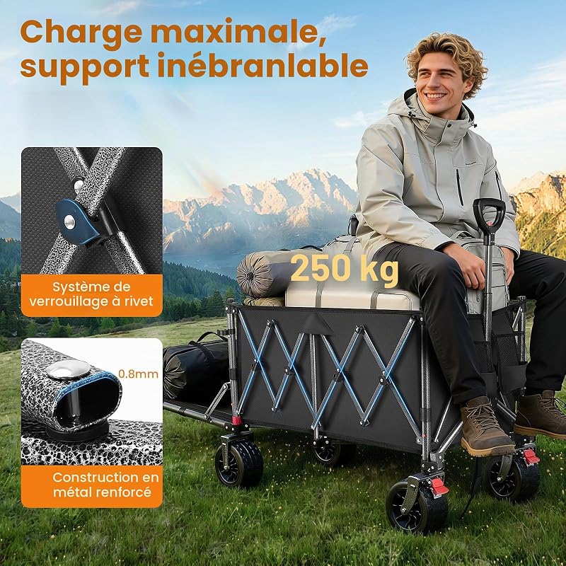 Chariot Pliable 260L 250KG, Roues Larges Tout-Terrain 17cm, Noir