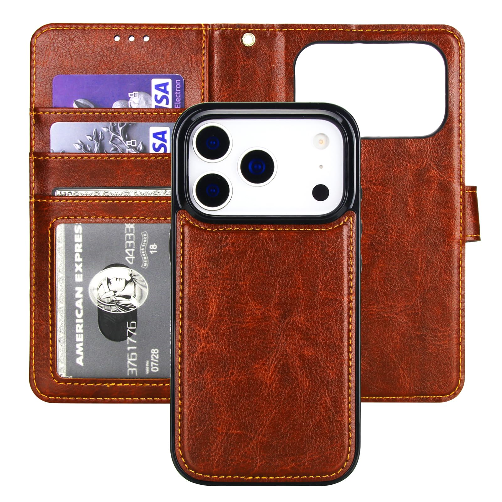 Bocasal Detachable Wallet Case for iPhone 17 Pro RFID Blocking Card Slots Holder Premium PU Leather Magnetic Kickstand Shockproof Wrist Strap Removable Flip Protective Cover 5G 6.3 inch (Brown)