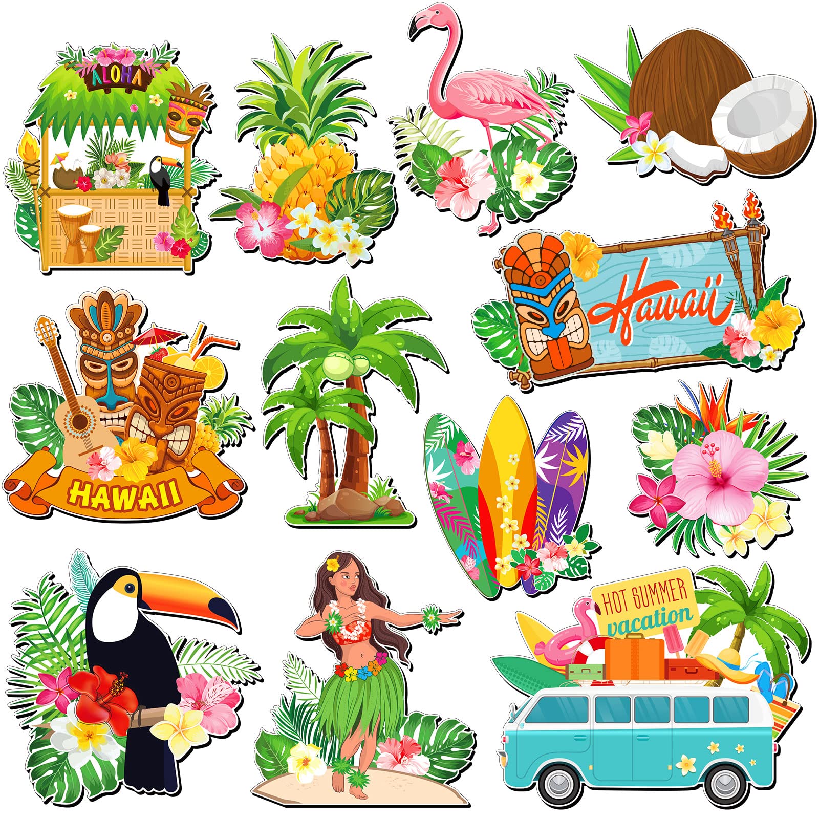 Photo 1 of 12 Pcs Hawaii Door Magnets Summer Beach Magnets Palm Tree Refrigerator Door Fridge Decor Coconut Pineapple Flamingo Sticker for Locker Refrigerator