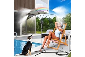 SAYHAITO Anti-Tip Standing Misters for Outside Patio, 26.24FT Standing Misting Cooling System with Upgraded Height-Adjustable Riser, Portable Misting System for Garden Watering, Friend Water Playing, Cooling