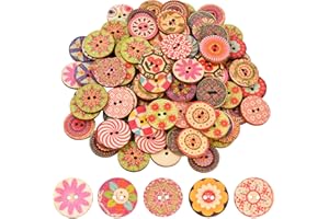 100-Pack Vintage Buttons for Sewing, Assorted Retro Floral & Geometric Print Wood Buttons with 2 Holes, 20mm Round Decorative