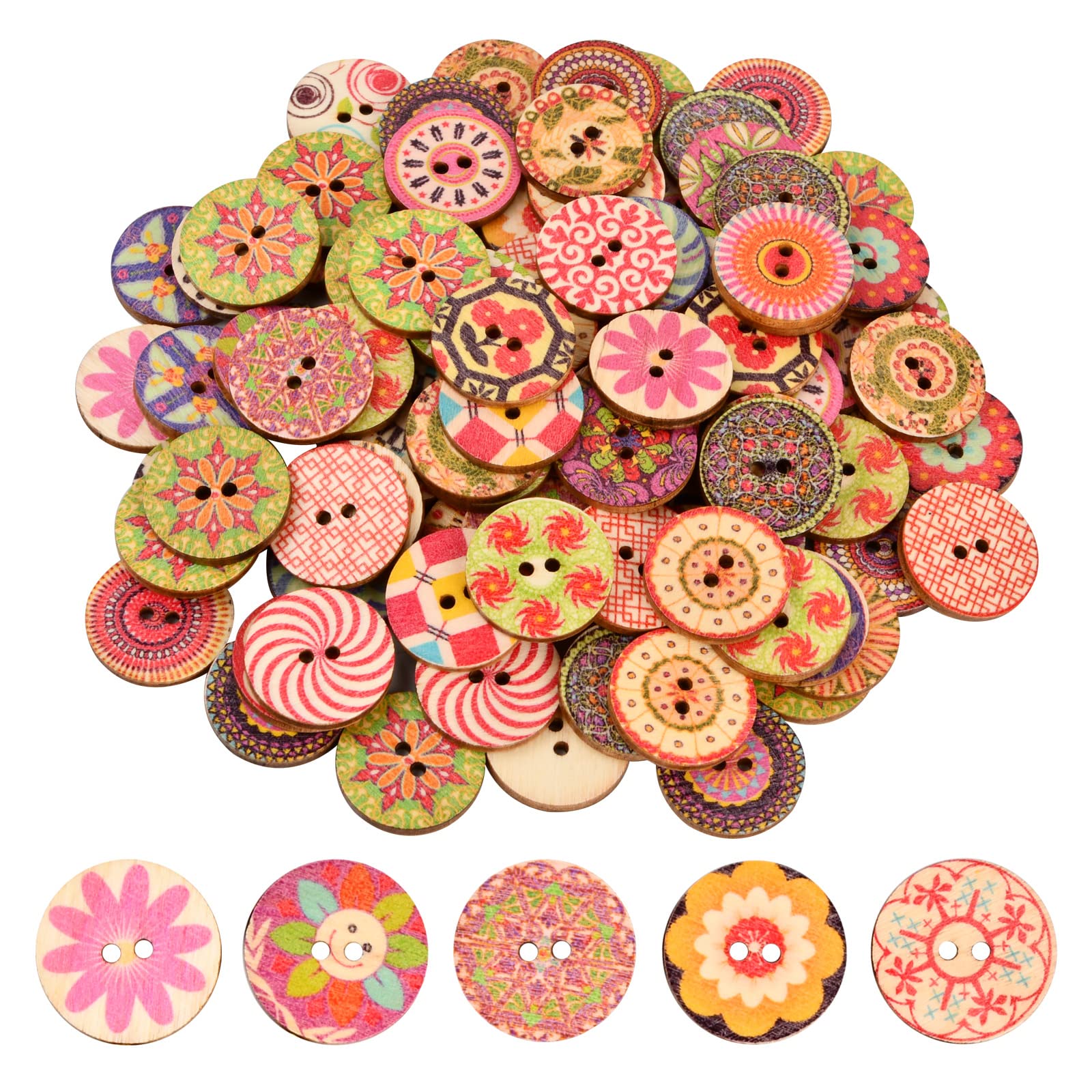 100 Pcs Mixed Round Wooden Buttons - Assorted Colorful Resin Buttons for Craft, Arts, Knitting, Sewing & DIY Decoration - 20mm
