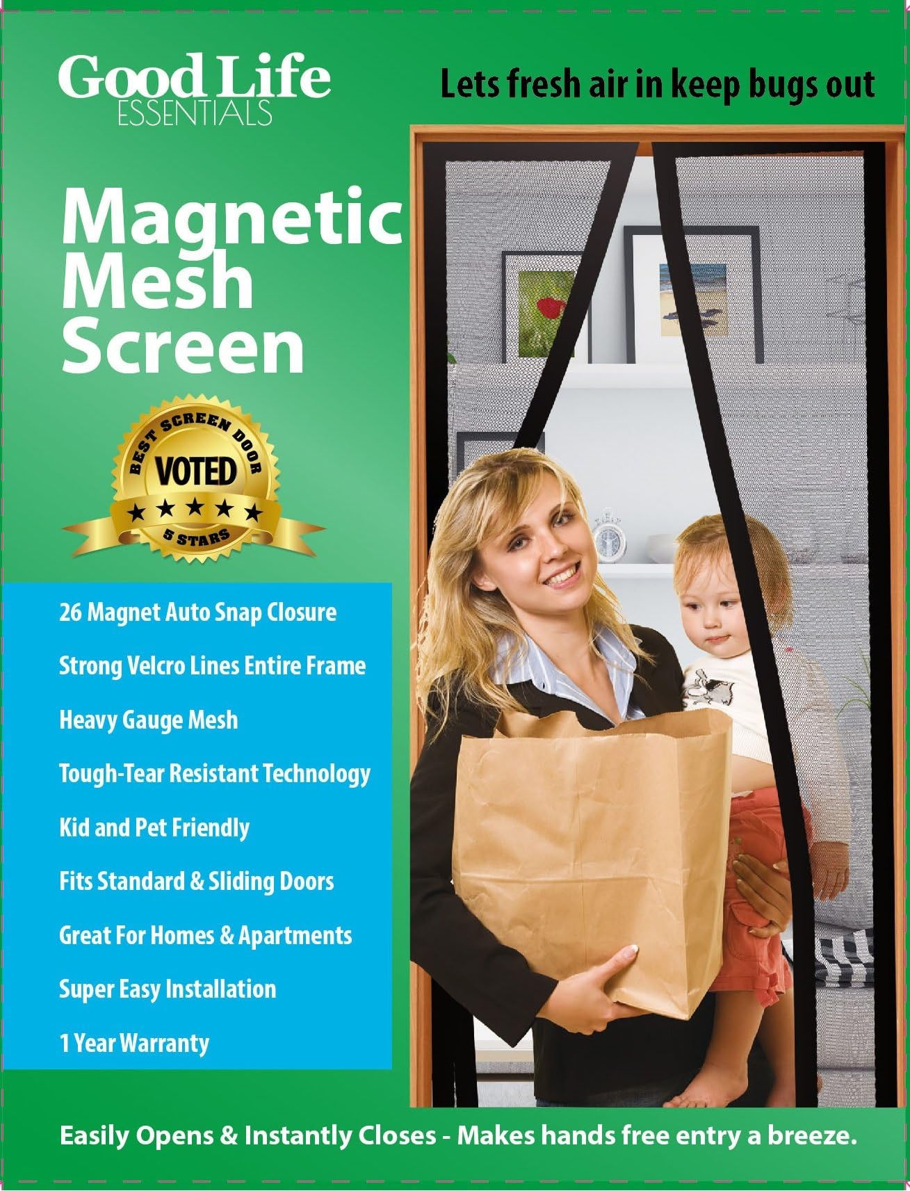 Magnetic Screen Door-26 Magnet Auto Snap Closure With Velcro Lining Entire Frame-80GSM Heaviest and Strongest Gauge With Tough-Tear Resistant Technology-Good Life ESSENTIALS 34"x82"