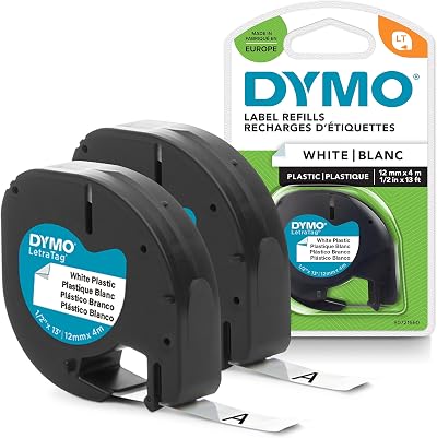 Dymo LetraTag Plastic Labels 12 mm x 4 m Black on White 2 Roll Pack
