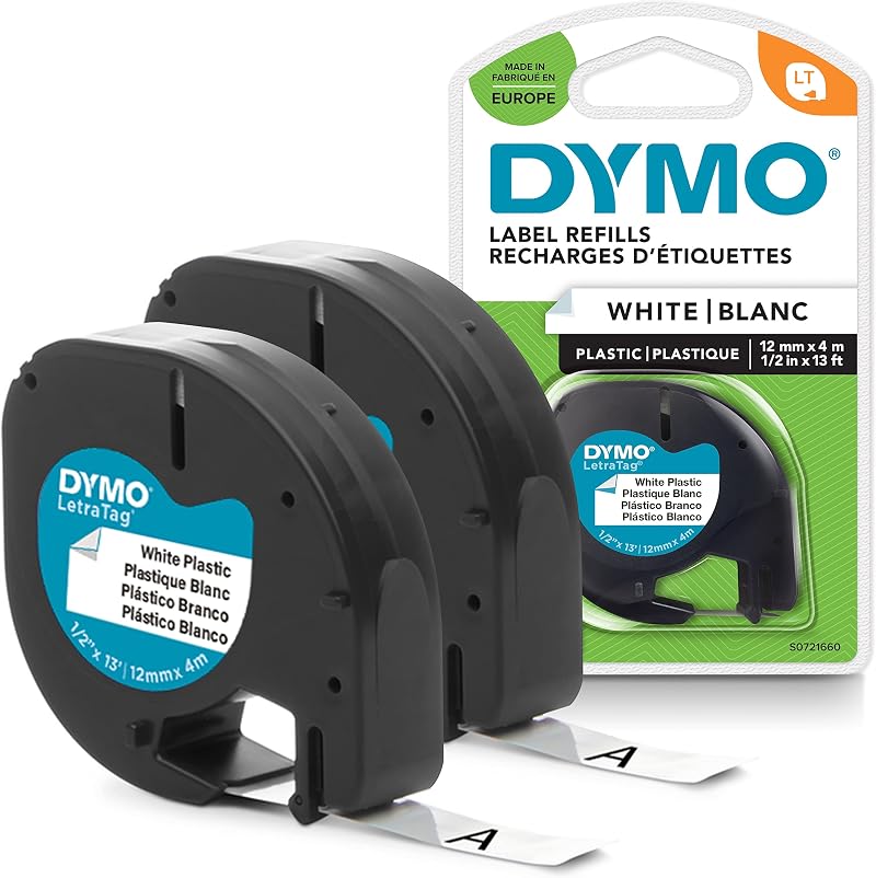 Dymo LetraTag Plastic Labels 12 mm x 4 m Black on White 2 Roll Pack