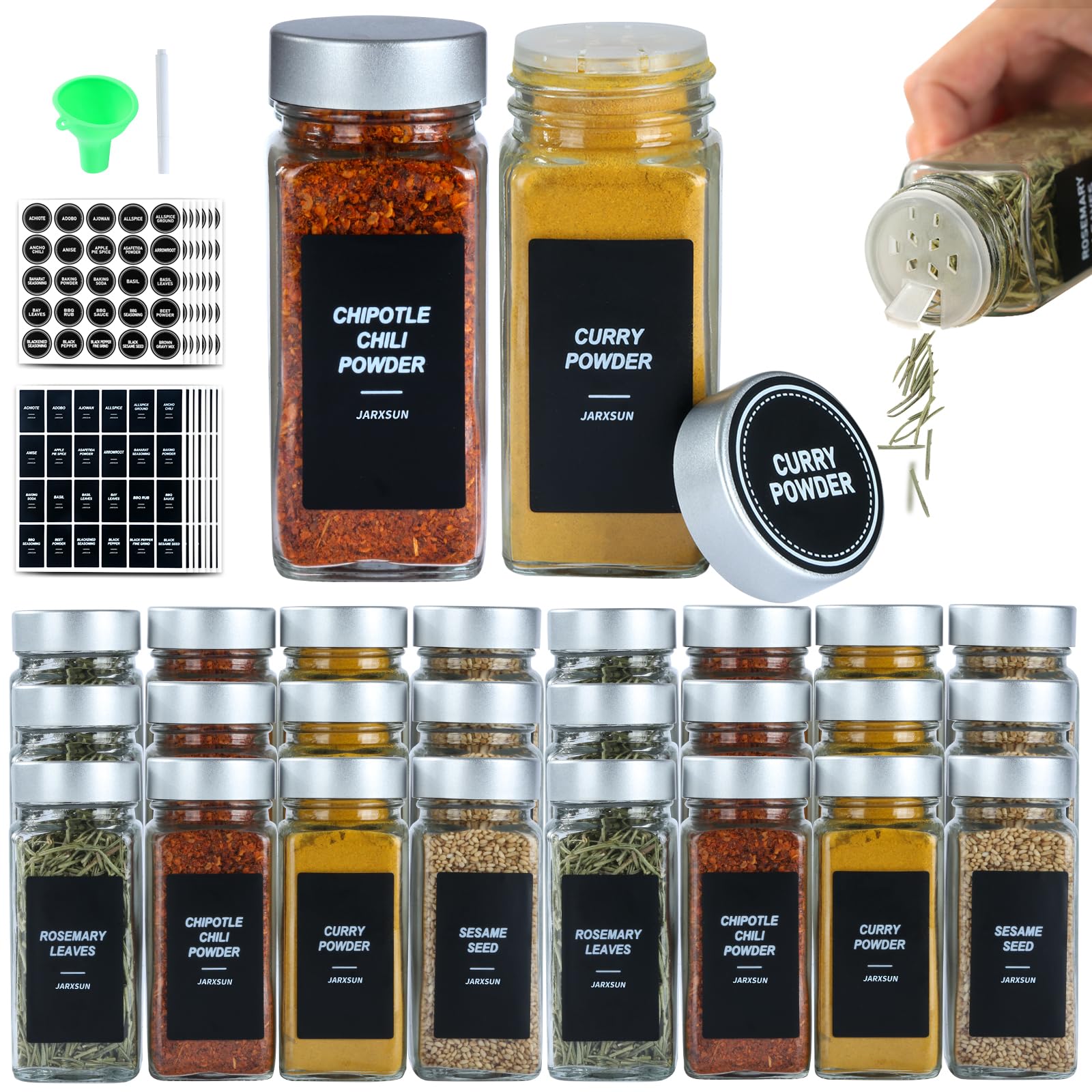 Photo 1 of JARXSUN 24 Glass Storage Jars- Spice Jars with Label-4oz Spice Containers with Shaker Lids and Silvery Lids,3 Sets of Spice Labels for Spice Rack