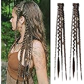REECHO Clip in Braid Hair Extensions for Women, 16" Boho Dreadlock Clip in Braids with Beads & Charms, 2PCS Handmade Synthetic Braided Hairpieces for Cosplay Daily Styling, Light Brown Mix