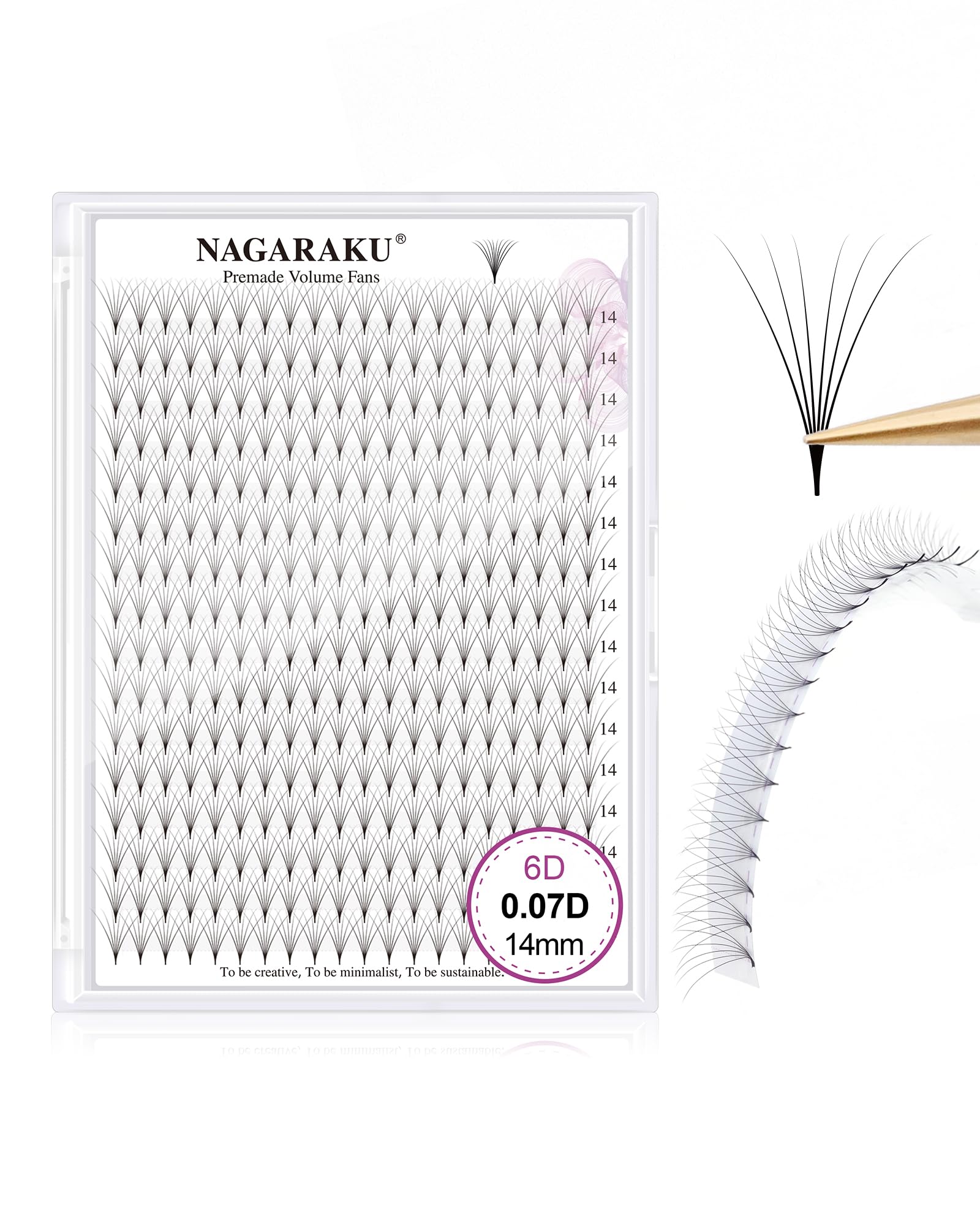 NAGARAKU Eyelash Extensions 320 Clusters Premade Fans Russian Volume Long Stem Premade Fans Thin Pointy Base Natural Pre Fanned Fluffy False Eyelash Black 16 Rows (6D 0.07 D Curl 14mm)