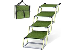 Dog Stairs for Large Dogs PRIORPET - Glow in The Dark Marking - Foldable Dog ramp for Car Small to Medium Size- Dog Steps for Car - Grass Padded Dog Steps for Large Dog - Pet Stairs 4 Steps