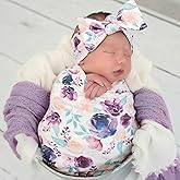 Terriboo Newborn Floral Print Blanket Baby Stretch Wrap Swaddle Receiving Blanket with Matching Headband and Beanie (Purple Floral)