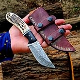 HAWK KNIVES Full Tang Damascus Hunting Knife Horizontal Carry Handmade Damascus Fixed Blade Knife with Leather Sheath Stag Horn Handle
