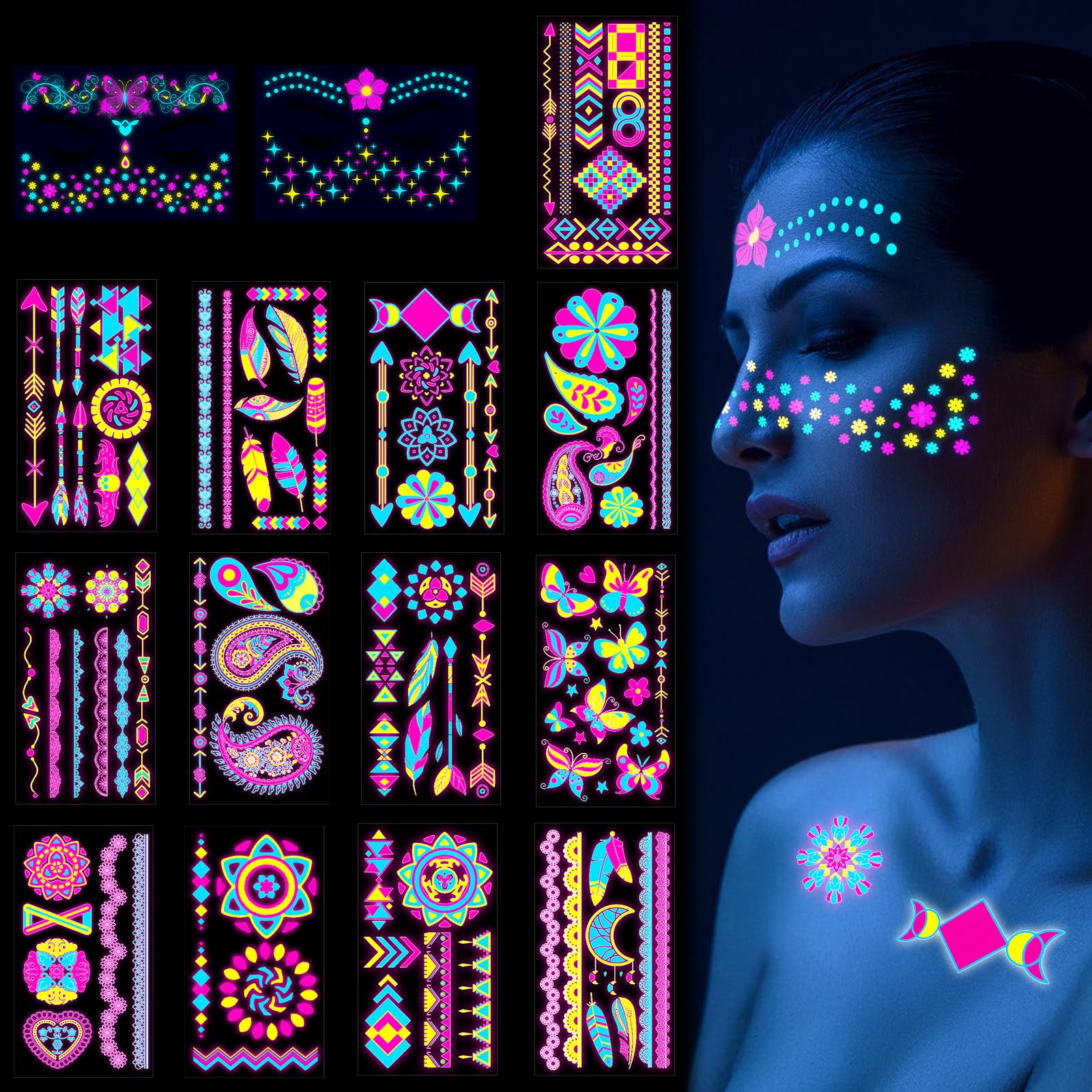 Scettar 15 Sheets Temporary Tattoos, 200+ UV Blacklight Neon Glow Fake Tattoos Multiple Designs Glow in the Dark Neon Tattoos Rave Festival Accessories for Women Girls Party Supplies