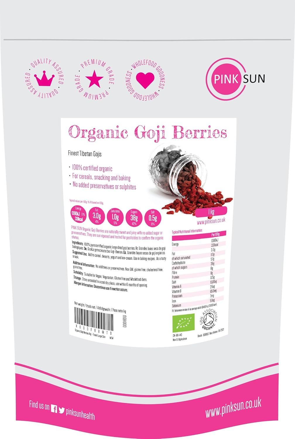 PINK SUN Bayas de Goji Organicas 1kg Crudas Mejor Tamaño Grande ...