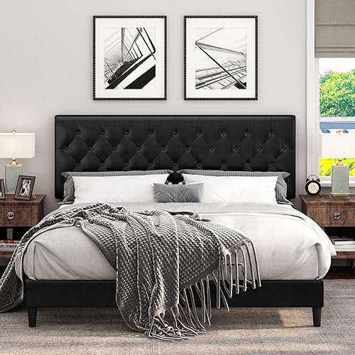 Keyluv Upholstered Platform Bed Frame with Button Tufted Headboard, Faux Leather, Wooden Slats Support, No Box Spring Needed, Easy Assembly, Queen Size, Black