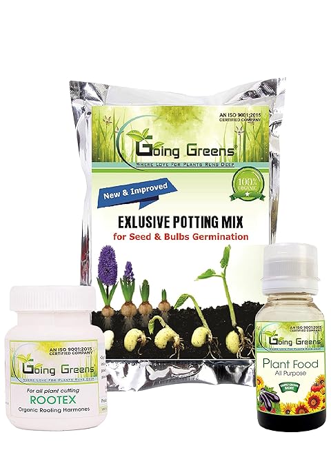 Going Greens Plant Propagation Kit -Combo of Rootex Rooting Hormone Powder for All Plants,Potting Soil Mix for Seeds & Bubs Germination,All Purpose Organic Plant Food (50 ML New)