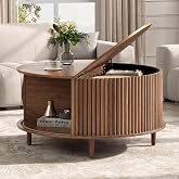 JOINICE 31.5" Round Coffee Table with Storage for Living Room, Walnut | Hidden Storage,Fluted Sliding Door,Mid Century Furniture for Small Apartments,Solid Wood Legs,Easy Assembly,Up to 110 lbs