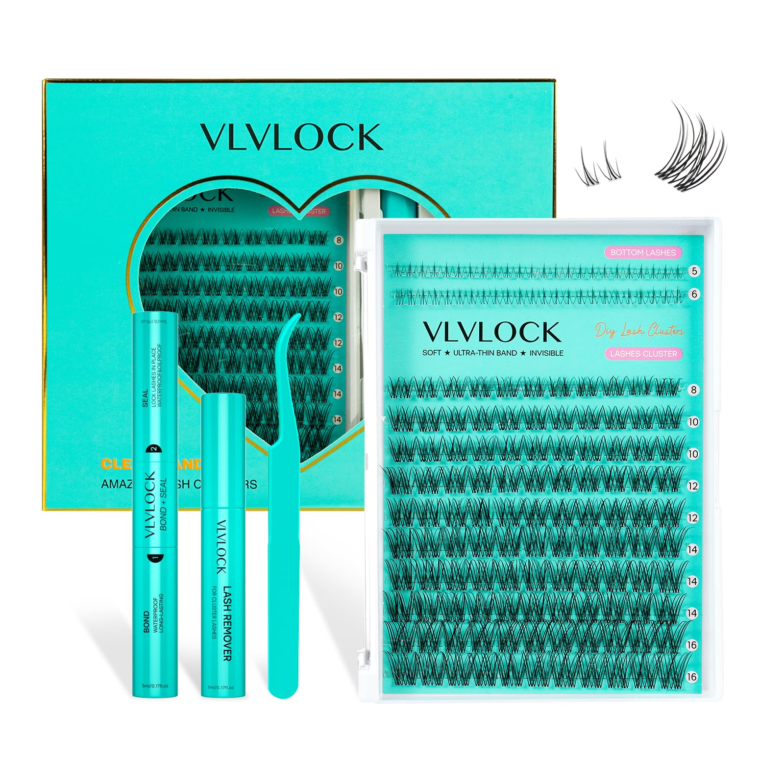 Photo 1 of VLVLOCK Lash Clusters Kit Clear Band Natural Cluster Lashes with Bottom Lash Clusters 5-16MM Individual Lashes Wispy False Lashes with Lash Bond and Seal,Lash Tweezer DIY at Home(Ivy Kit)