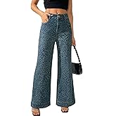 heipeiwa Women's Leopard Rhinestone Flare Jeans High Waist Bell Bottom Wide Leg Baggy Stretch Denim Pants
