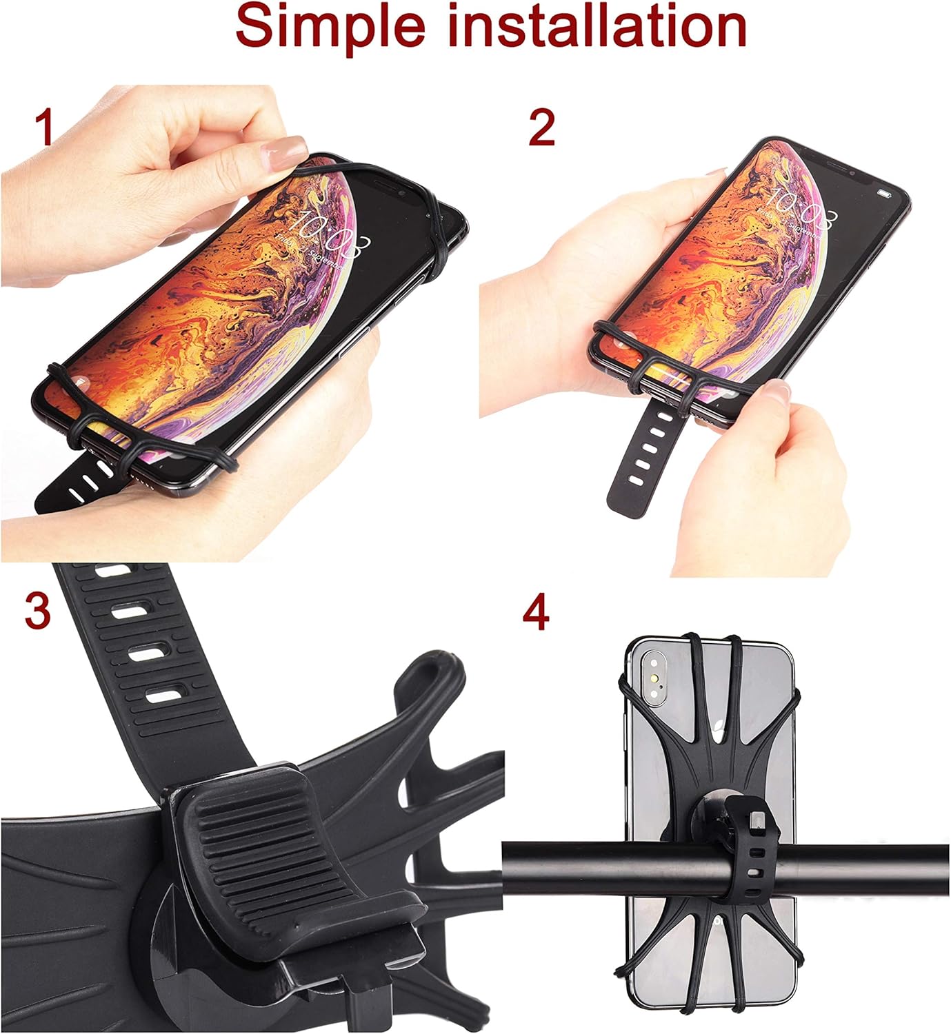 Bike Phone Mount, Universal Silicone Phone Stand 360°Rotatable Adjustable Motorcycle Phone Mount Bicycle GPS Units Holder for iPhone 11/Pro/XS/MAX/XR/X/7/8/Plus, Samsung S20/S10/S10e with Belt Lock