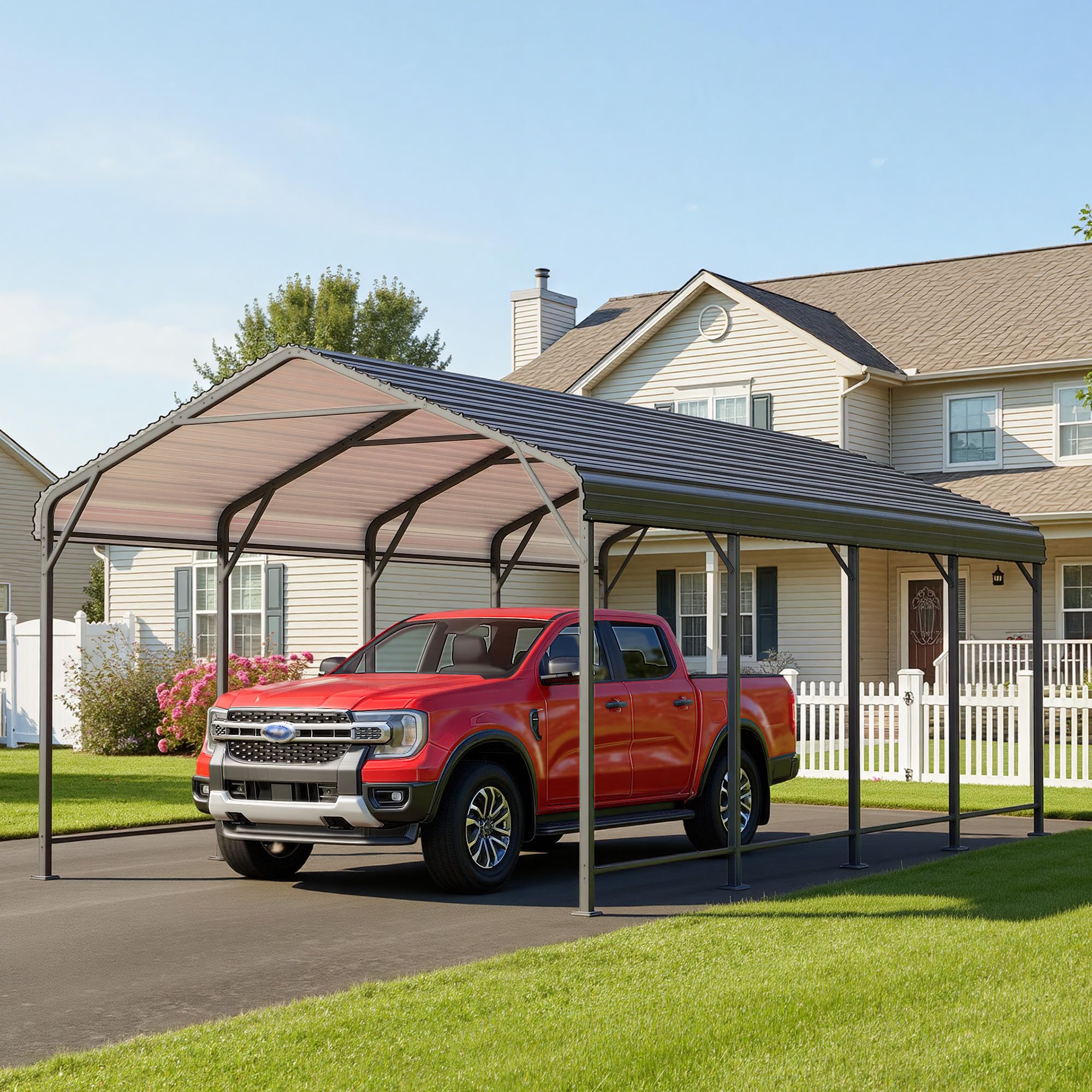 Photo 1 of FansaFurn 12' x 20' Metal Carport, Heavy Duty Canopy with Updated Roof & Enhanced Base, Multi-Use Carport Garage for Car, Truck, Boat, Tractors, Party, Grey