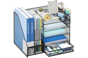 Lavatino Desk Organizer with File Holder, 5-Tier Paper Letter Tray Organizer with Sliding Drawer and 2 Pen Holder, Mesh Desktop File Organizer for Office Supplies (Black)