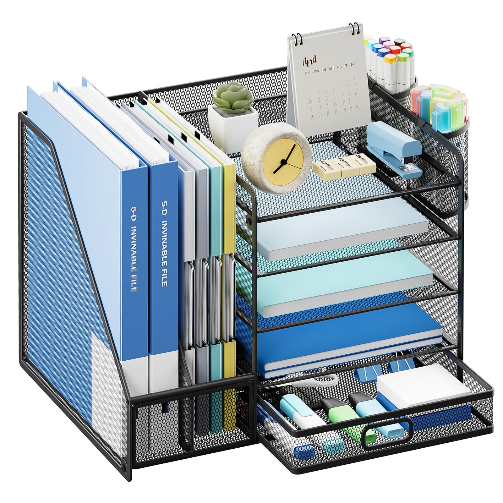 Photo 1 of Lavatino Desk Organizer with File Holder, 5-Tier Paper Letter Tray Organizer with Sliding Drawer and 2 Pen Holder, Mesh Desktop File Organizer for Office Supplies (Black)