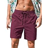 RQP Mens Cotton Linen Shorts Casual Drawstring 7inch Inseam Shorts Stretch Summer Beach Wear
