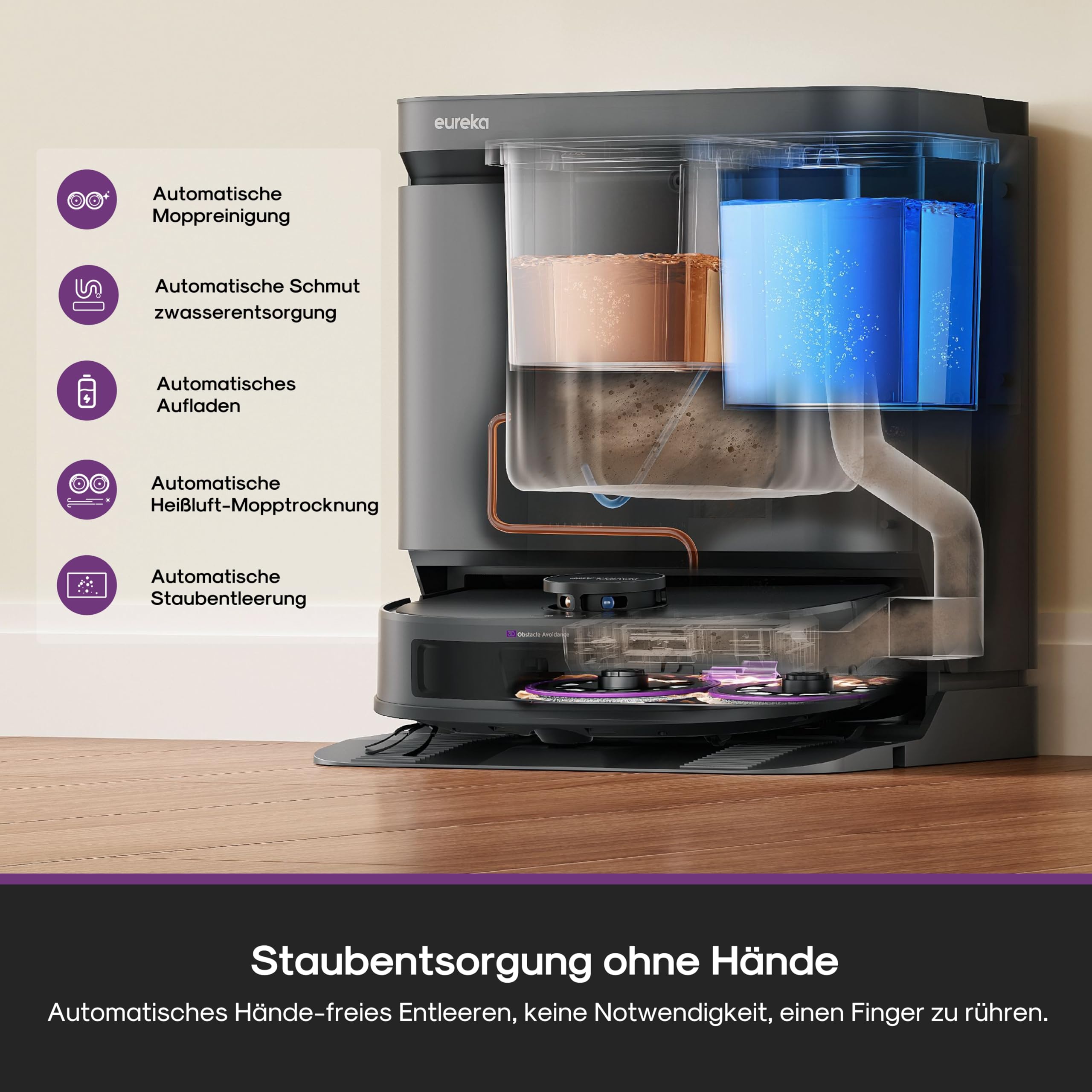 EUREKA J15 Evo Ultra Saugroboter mit Wischfunktion Absaugstation, 22000 Pa Saugkraft, Automatische Wischarm-Erweiterung, Anti-Wickel-Hauptbürste & Seitenbürste, Saug Wischroboter mit Selbstreinigung 5