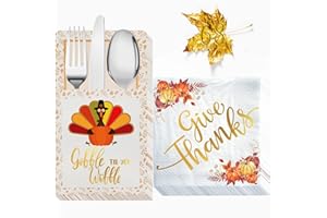 QEQCZOW Thanksgiving Napkins, 68 Pcs Gold Foil Napkins Paper and Cutlery Holders Set, Give Thanks Decorations for Autumn Leaves Fall Harvest Wedding Table Disposable Centerpiece Decor