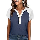 ANRABESS Womens Tops Short Sleeve Henley Shirts Summer V Neck Color Block Tunic T Shirts Casual Blouses Work Trendy Clothes
